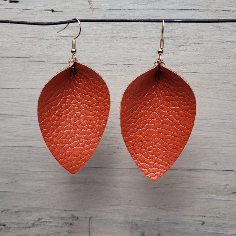 Folded Leaf Leather Earrings - Orange